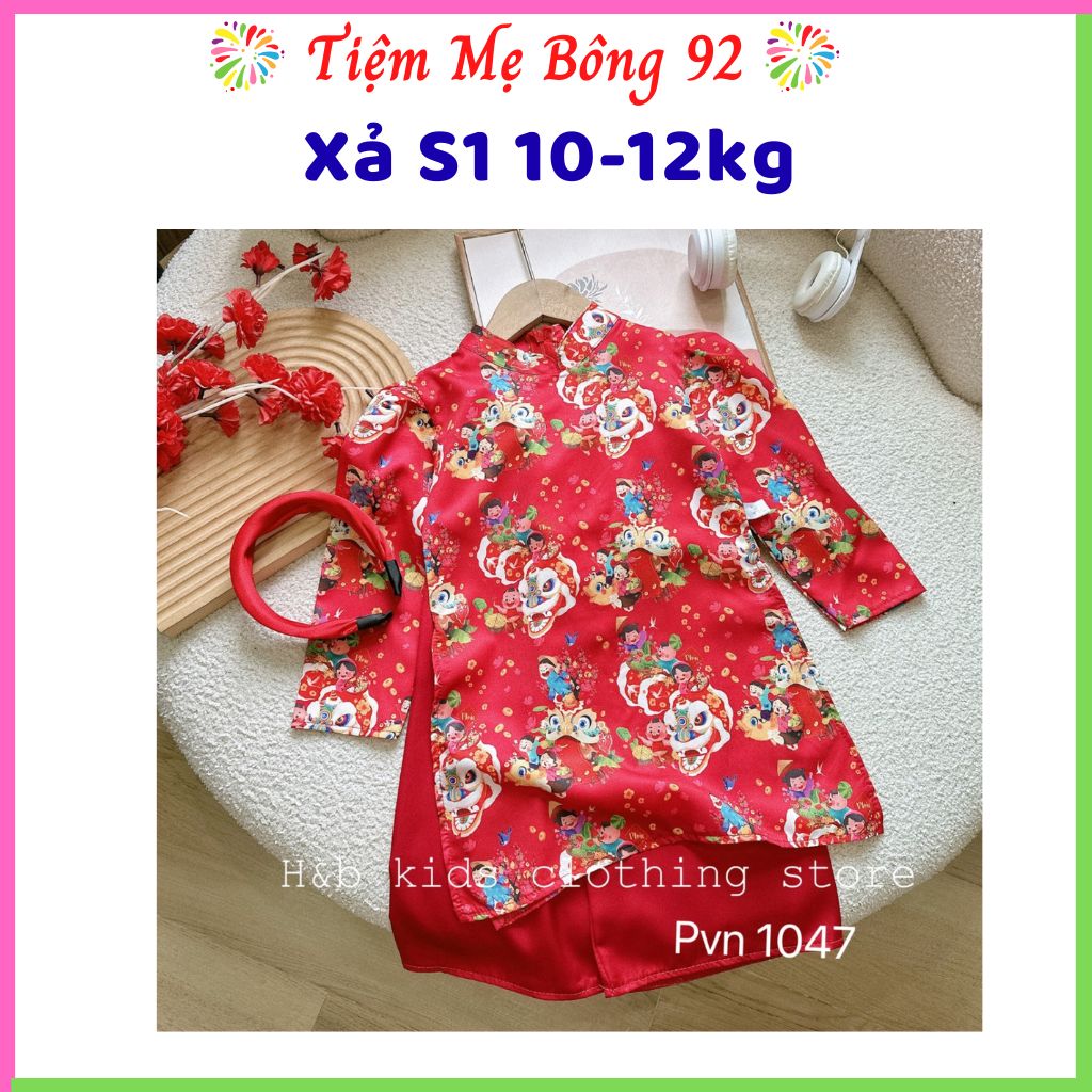 Xả S1 10-12kg: Sét áo dài cách tân lân đỏ kèm bờm bé gái AD1